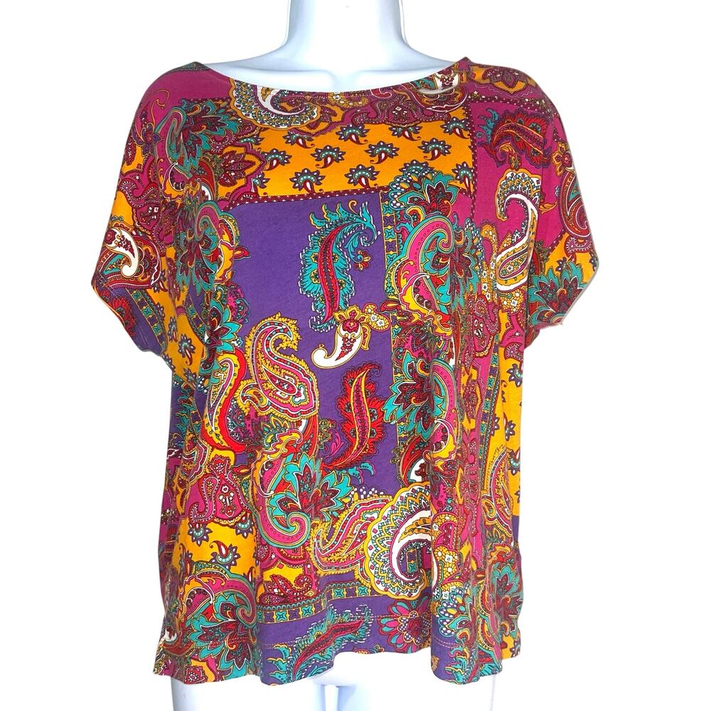 Vintage Ralph Lauren Boho Patchwork Colorful Paisley Print Short Sleeve Large